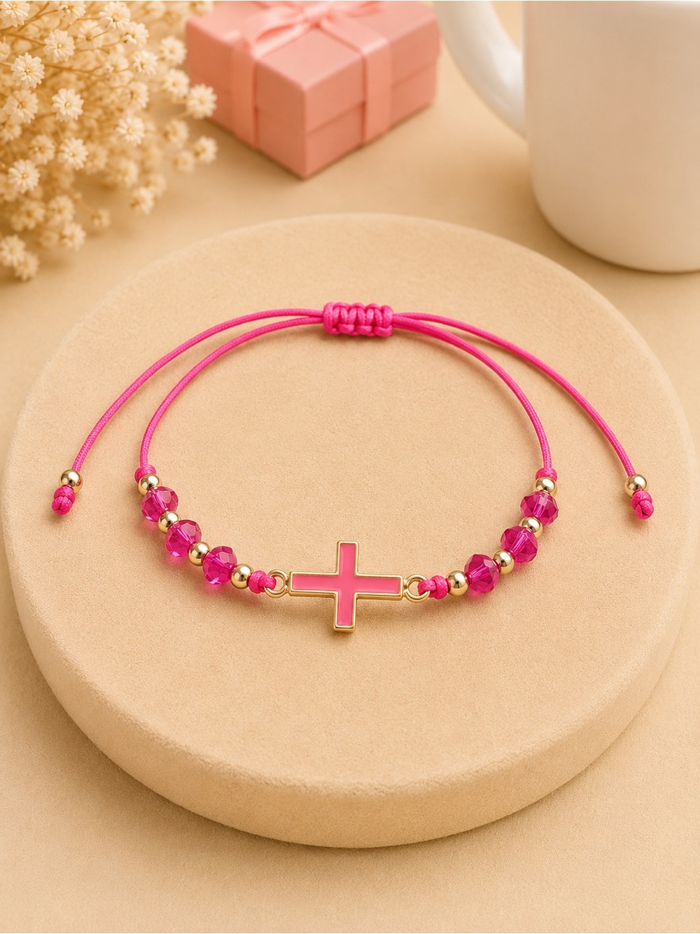 Adjustable Pink Magenta Cross Bead Bracelet - Women Jewelry